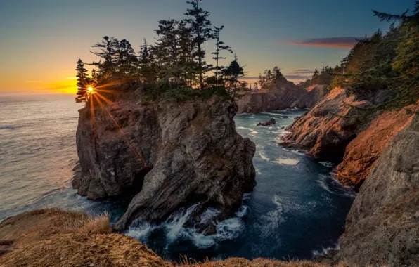 Picture the sun, rays, trees, landscape, sunset, nature, the ocean, rocks, Oregon, USA