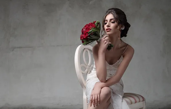 Picture look, girl, flowers, pose, bouquet, makeup, dress, hairstyle, Manthos Tsakiridis