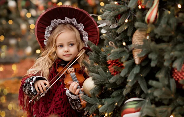 Picture violin, girl, tree, hat, Valentine Ermilova