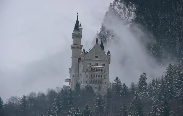 Picture winter, the sky, snow, trees, mountains, fog, castle, Germany, architecture, Neuschwanstein