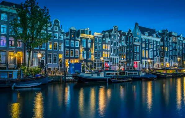 Picture the city, home, boats, the evening, lighting, Amsterdam, lights, channel, Netherlands, Holland