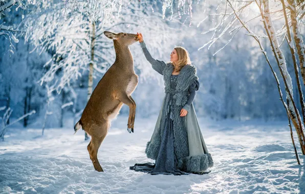 Picture winter, girl, snow, trees, landscape, nature, animal, deer, Александра Савенкова