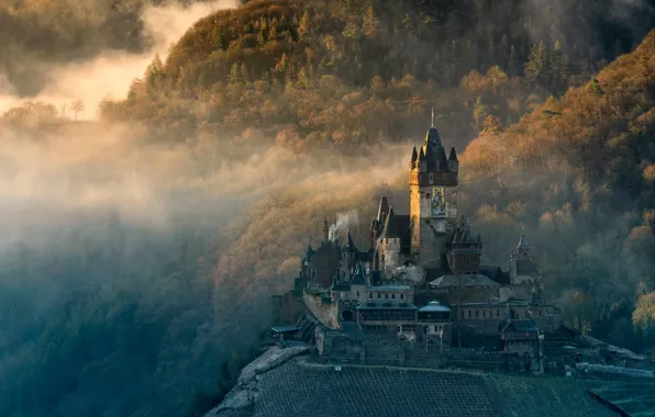 Picture forest, the sun, trees, mountains, fog, castle, dawn, Germany, Cochem, Moselle