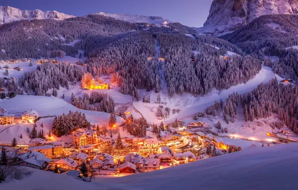 Picture winter, snow, mountains, lights, valley, Italy, The Dolomites, Val Gardena
