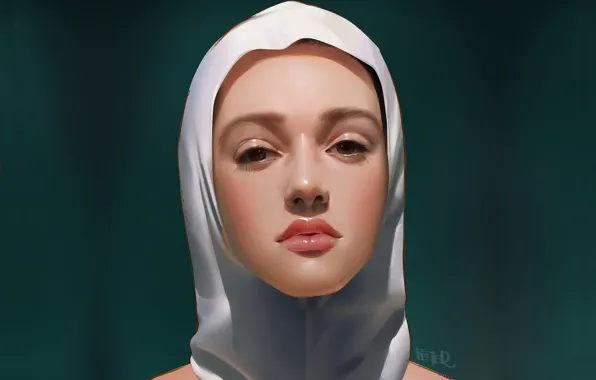 Picture face, portrait of a girl, white handkerchief