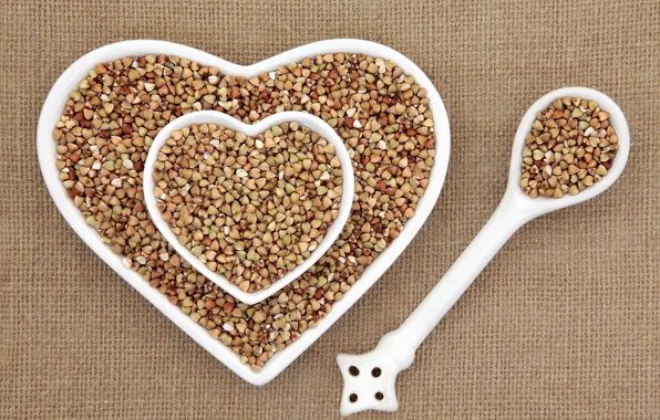 Picture background, heart, spoon, dishes, Krupa, buckwheat