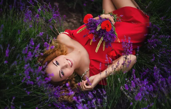 Picture look, girl, flowers, pose, smile, mood, bouquet, lavender, Alex Lett, red dress