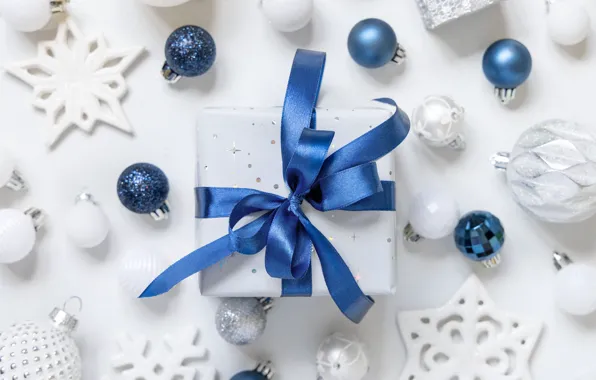 Picture balls, decoration, snowflakes, blue, holiday, box, gift, Christmas, white background, New year, white, bow, light …