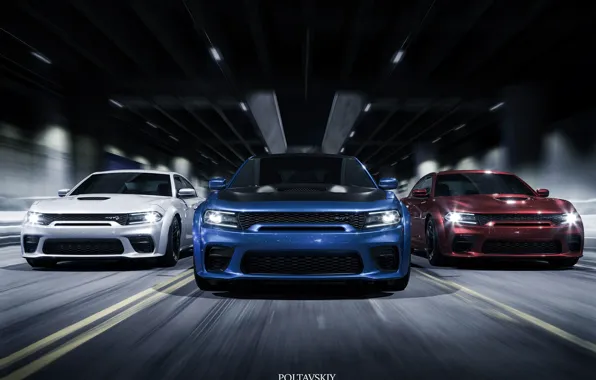 Picture Red, Auto, Blue, White, Machine, Three, Car, Car, Render, Dodge Charger, Hellcat, Rendering, SRT, Sports …