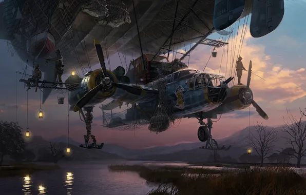 Picture Figure, The plane, River, Ball, The airship, Art, Art, Steampunk, Fishing, Eddie Bennun, by Eddie …