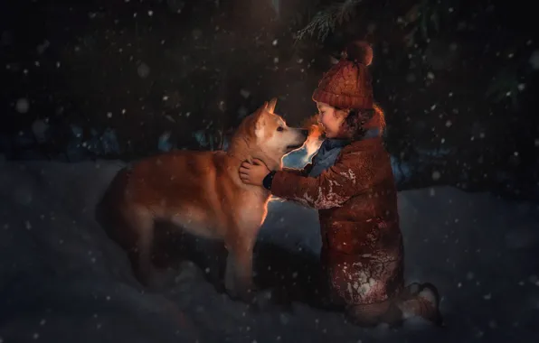 Picture winter, snow, each, dog, the evening, girl, child, dog, Pipkin Oksana