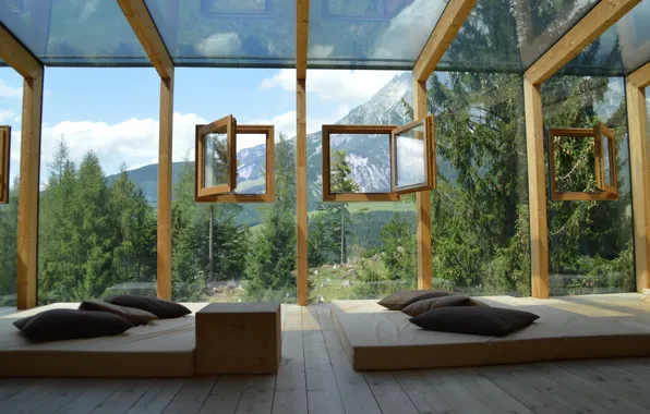 Picture glass, landscape, mountains, room, relax, wall, Board, Windows, interior, pillow, floor, the hotel, mattresses