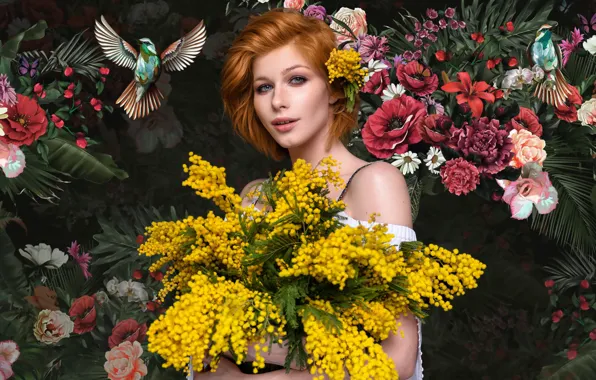 Picture look, girl, flowers, birds, red, redhead, Mimosa, Anastasia Zhilina, Alexander Chuprina