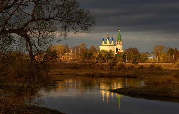 Picture autumn, light, branches, tree, shore, Church, temple, Russia, pond