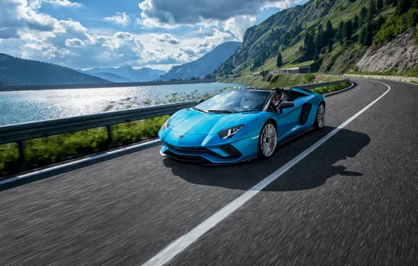 Picture road, blue, hills, Roadster, speed, Lamborghini, Aventador