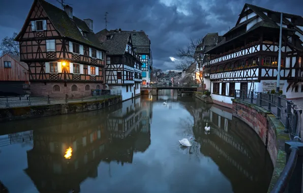 Picture night, the city, street, France, home, channel, swans, Strasbourg, Strasbourg