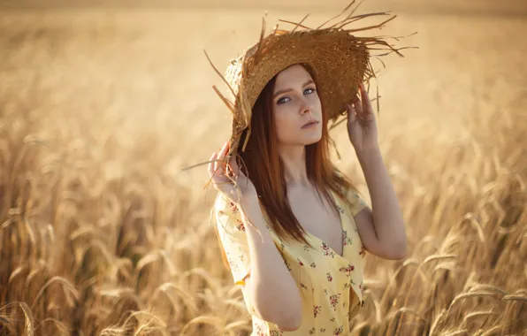 Picture wheat, Girl, hat, dress, Sergey Sorokin, Daria Kostina