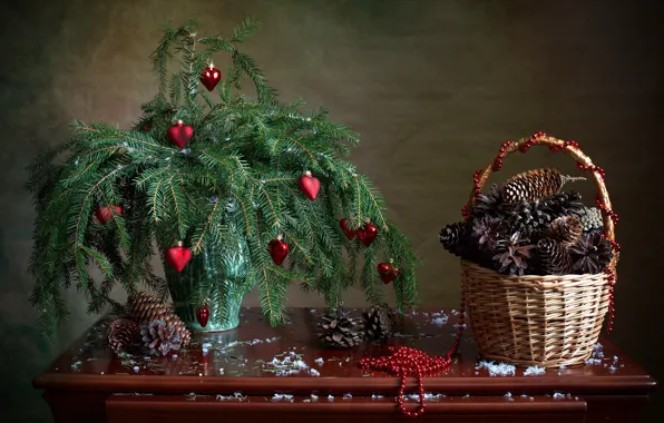 Picture decoration, branches, holiday, basket, toys, new year, spruce, beads, vase, bumps, table, Christmas decorations