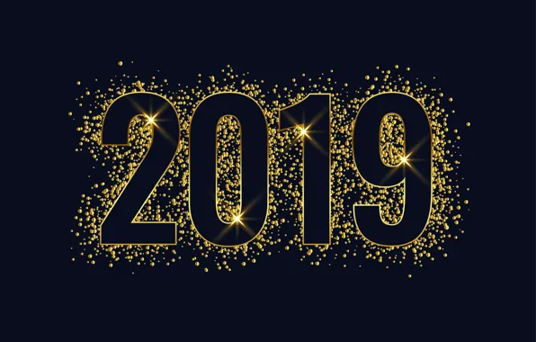Picture gold, New Year, figures, golden, black background, black, background, New Year, Happy, sparkle, glitter, 2019