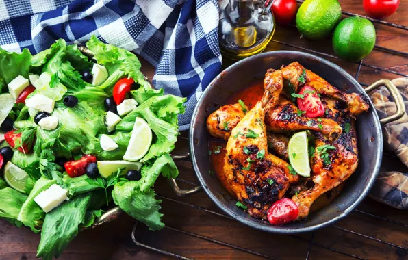 Picture chicken, meat, lime, legs, tomatoes, salad