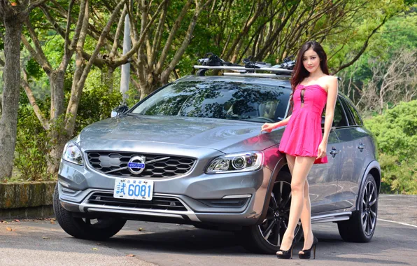 Picture auto, look, Girls, beautiful girl, Volvo V60, posing on the car