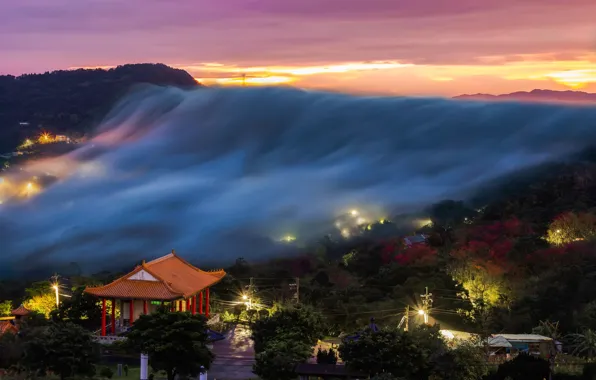 Picture light, lights, fog, the evening, morning, pagoda, Korea