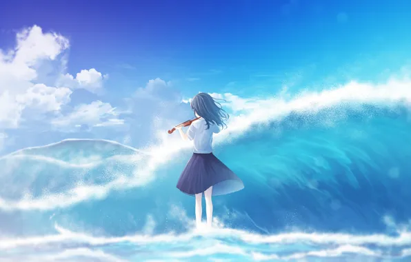 Picture sea, the sky, girl, violin, wave, by furi