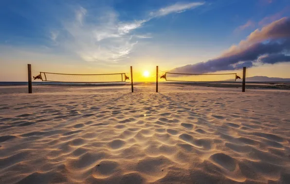 Picture beach, sunset, volleyball