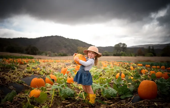 Picture autumn, girl, pumpkin