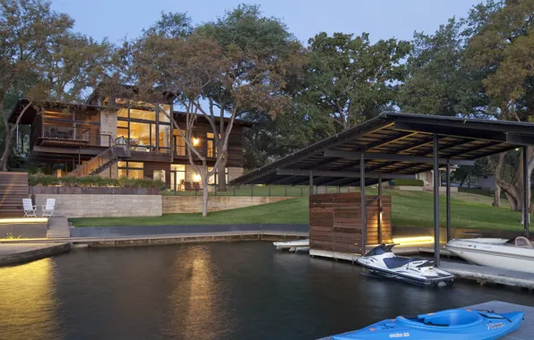 Picture Villa, boats, the evening, pier, lighting, architecture, Texas, Texas, Lakeside Retreat, by LakeFlato Architects, lake …