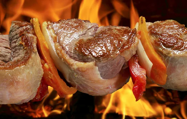Picture macro, fire, flame, meat, BBQ, kebab, cooking, kebabs, roasting