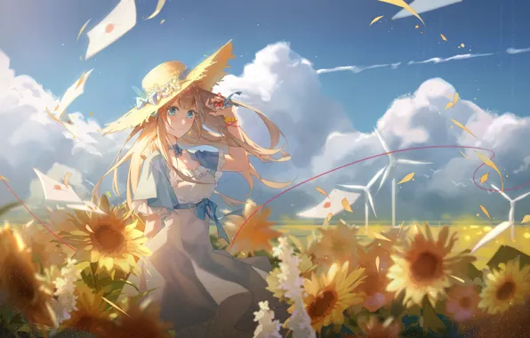 Picture clouds, sunflowers, the wind, girl, windmills, red thread, in the field, blue sky, letters, straw …