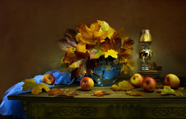 Picture leaves, apples, lamp, fabric, maple, pitcher, fruit, still life, Valentina Fencing