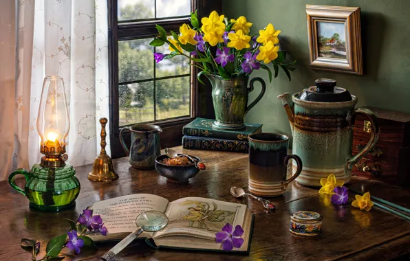 Picture flowers, style, books, lamp, bouquet, picture, kettle, mug, still life, magnifier, daffodils, miniature, coffee pot