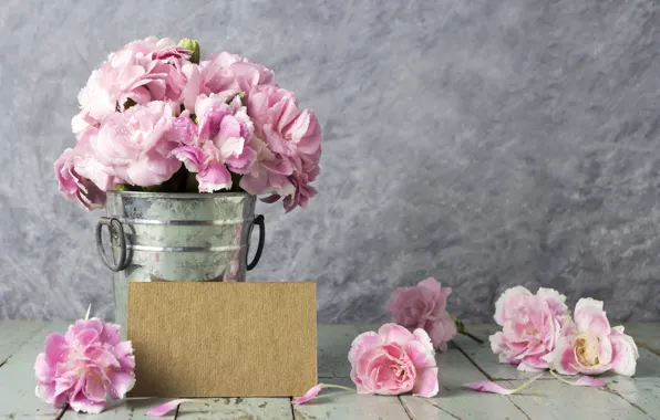 Picture flowers, petals, bucket, pink, vintage, wood, pink, flowers, beautiful, romantic