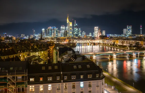 Picture bridge, lights, river, the evening, Germany, Frankfurt am main