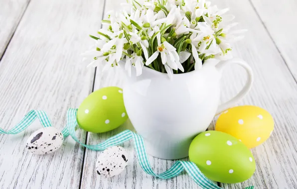 Picture flowers, eggs, colorful, snowdrops, Easter, happy, wood, blossom, flowers, spring, Easter, eggs, decoration, snowdrops
