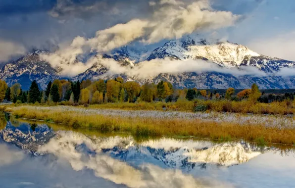 Picture the sky, river, mountain, Wyoming, Grand Teton National Park, Snowy morning
