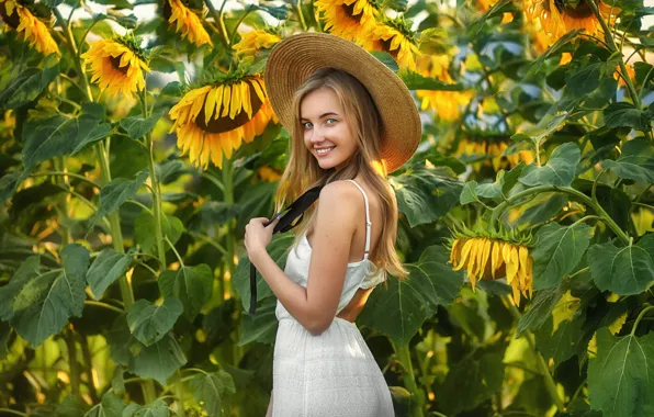 Picture field, look, girl, sunflowers, smile, mood, hat, Anastasia Barmina