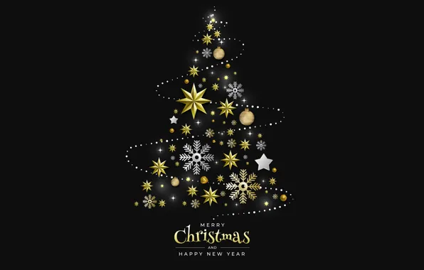Picture decoration, snowflakes, balls, tree, Christmas, New year, golden, christmas, black background, new year, black, balls, …