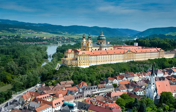 Picture mountains, river, home, Austria, the monastery, Abbey, Melk Abbey, Melk