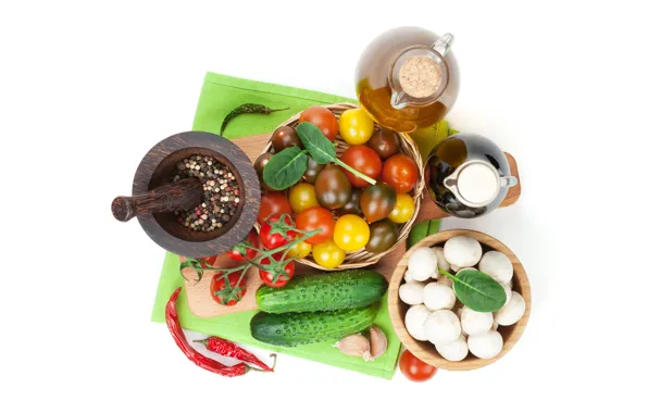 Picture mushrooms, Cup, white background, Board, pepper, vegetables, tomatoes, the view from the top, napkin, cucumbers, …