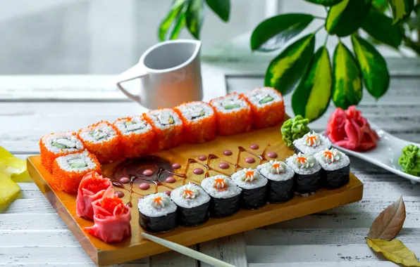 Picture figure, sauce, caviar, sushi, rolls, wasabi, ginger, nori