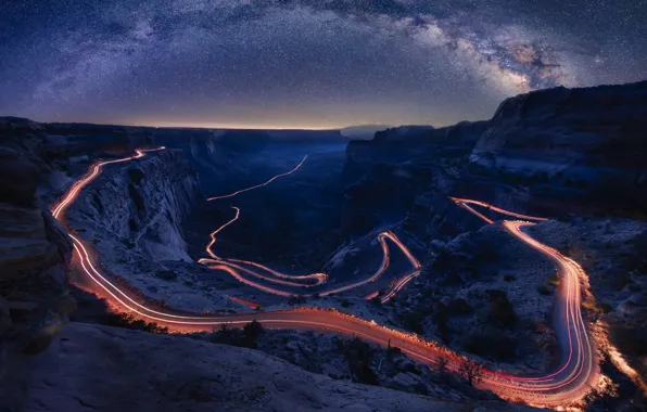 Picture road, mountains, night, lights