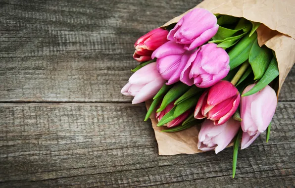 Picture flowers, bouquet, colorful, tulips, wood, pink, flowers, tulips, spring, purple
