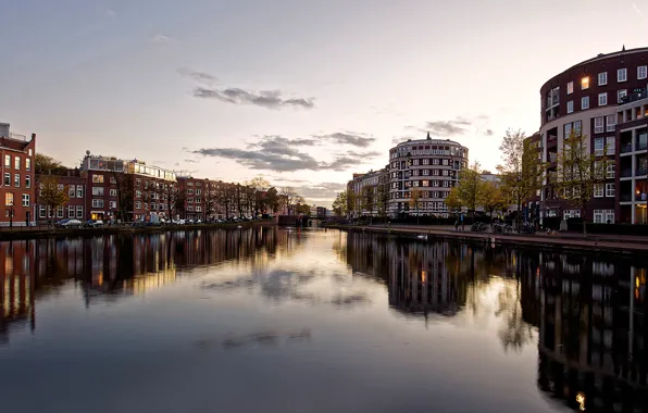 Picture the sky, water, the sun, clouds, reflection, river, home, morning, Amsterdam, channel, Netherlands