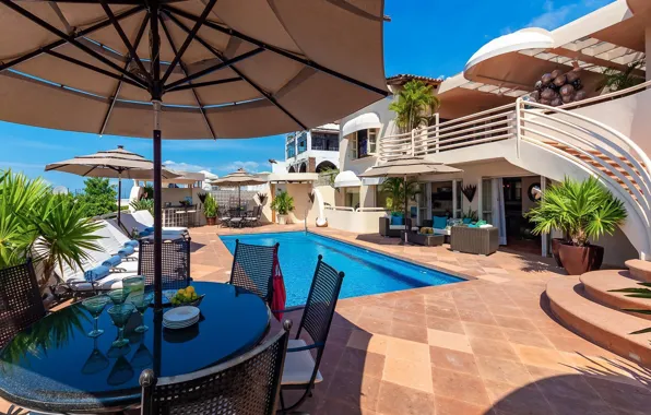 Picture Villa, pool, tables, umbrellas, architecture, terrace