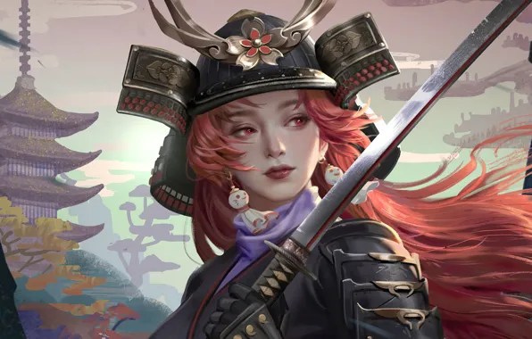 Picture face, katana, armor, earrings, Japan, samurai, helmet, pagoda, red hair, red eyes, samurai, the girl-soldier, …