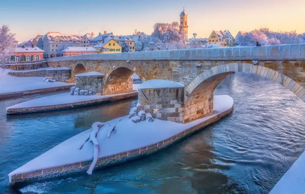 Picture winter, snow, bridge, river, Germany, Germany, Regensburg, Regensburg, Stone Bridge, Danube River, The Danube River, …