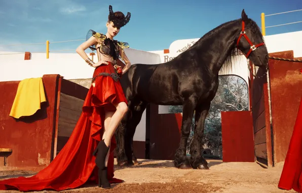 Picture girl, horse, Spain, fashion, toreador